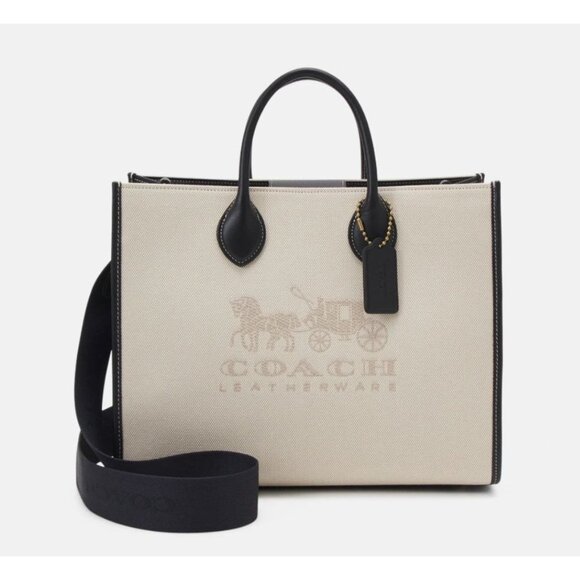 NEW!! Coach ACE 26 CANVAS TOTE/CROSSBODY/SHOULDER BAG IN SALT STONE/BLACK - Picture 1 of 13